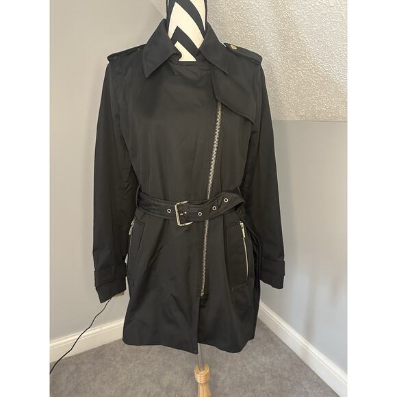EUC Michael Kors Asymmetrical Belted Coat Black Size Large Gold Hardware Spring - Picture 3 of 11